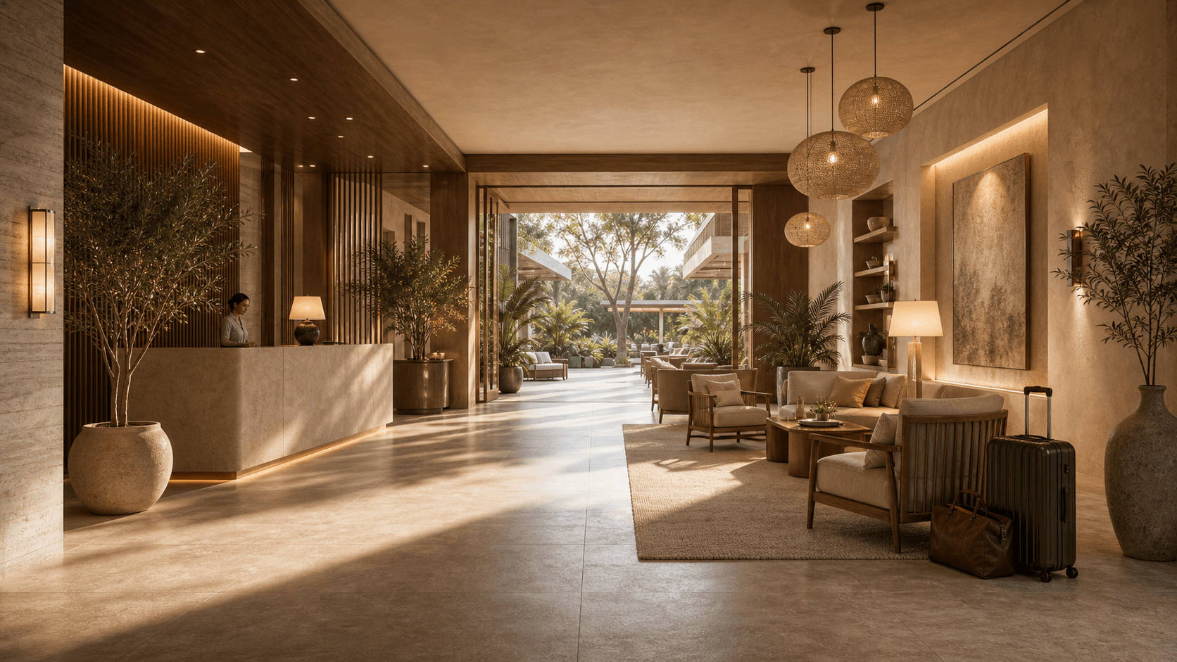 Hospitality suite with soft light, layered textiles, and calm spatial rhythm