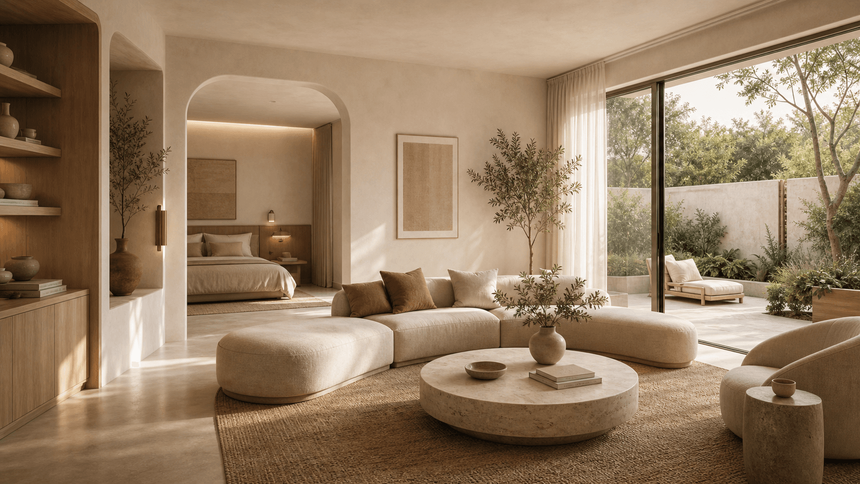 Warm natural light in a private living space with wood and linen textures