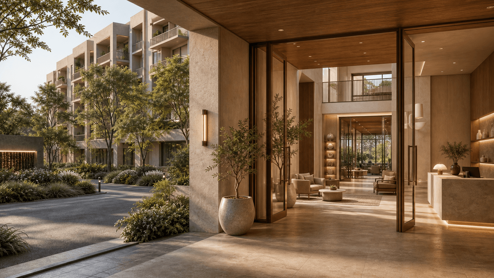 Residential development exterior with warm stone and natural landscaping