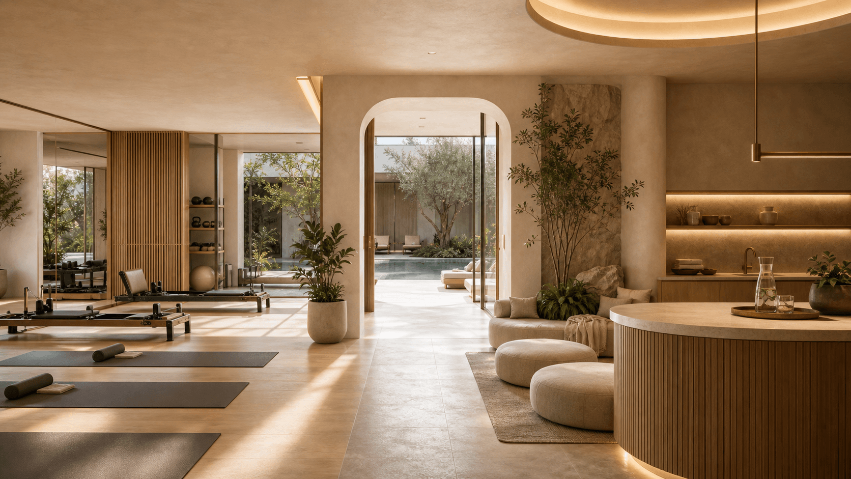 Wellness interior with stone, soft light, and restrained material palette