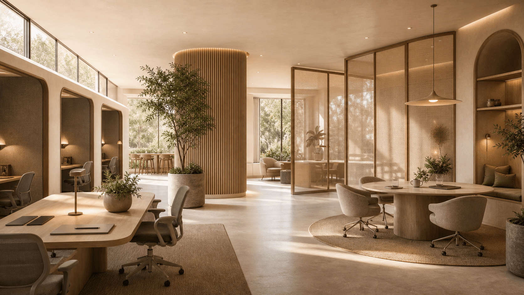 Workplace entry with natural light, warm materials, and clear spatial hierarchy